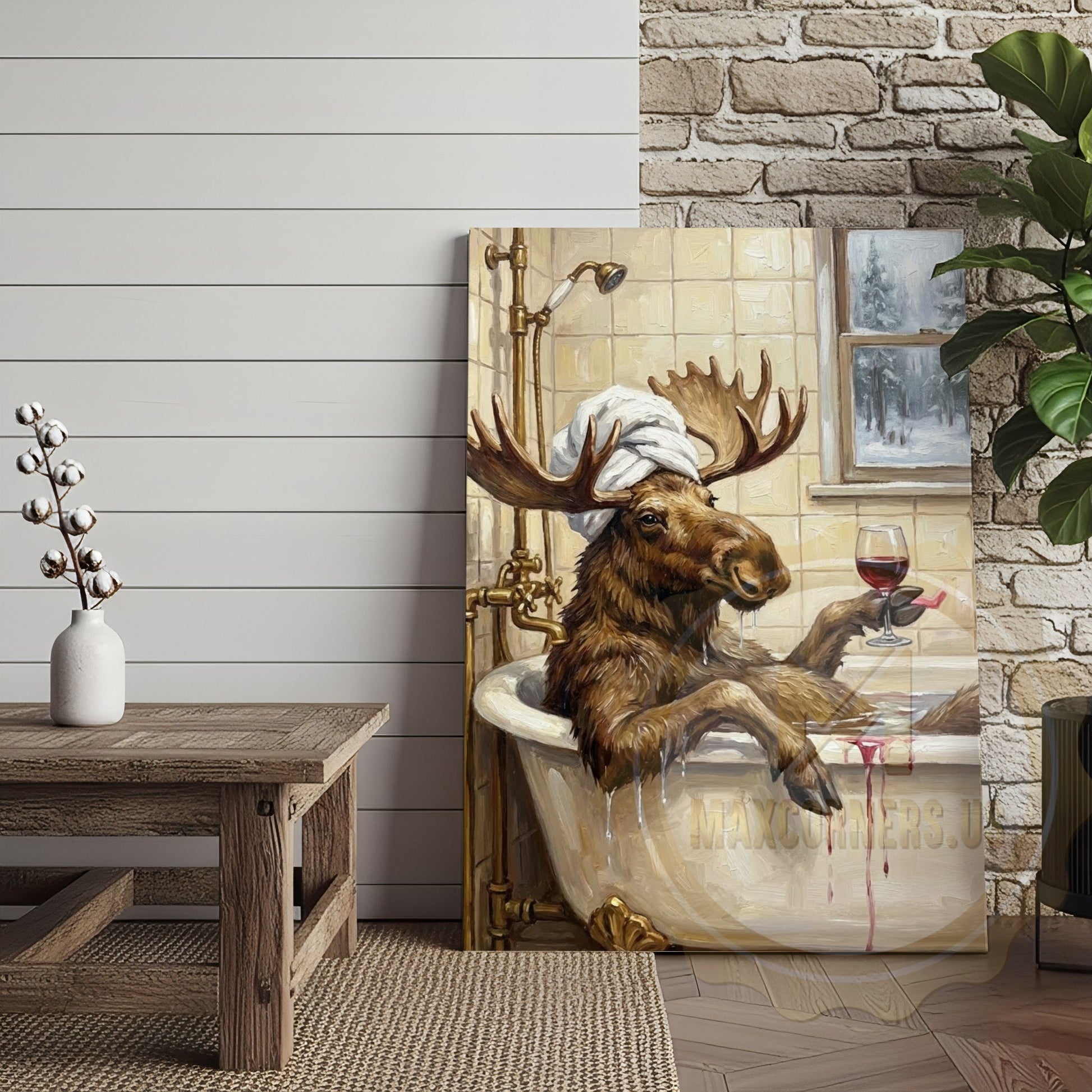 Whimsical Moose Bath Canvas Art - Rustic Spa Humor Print