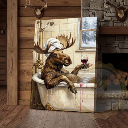 Whimsical Moose Bath Canvas Art - Rustic Spa Humor Print