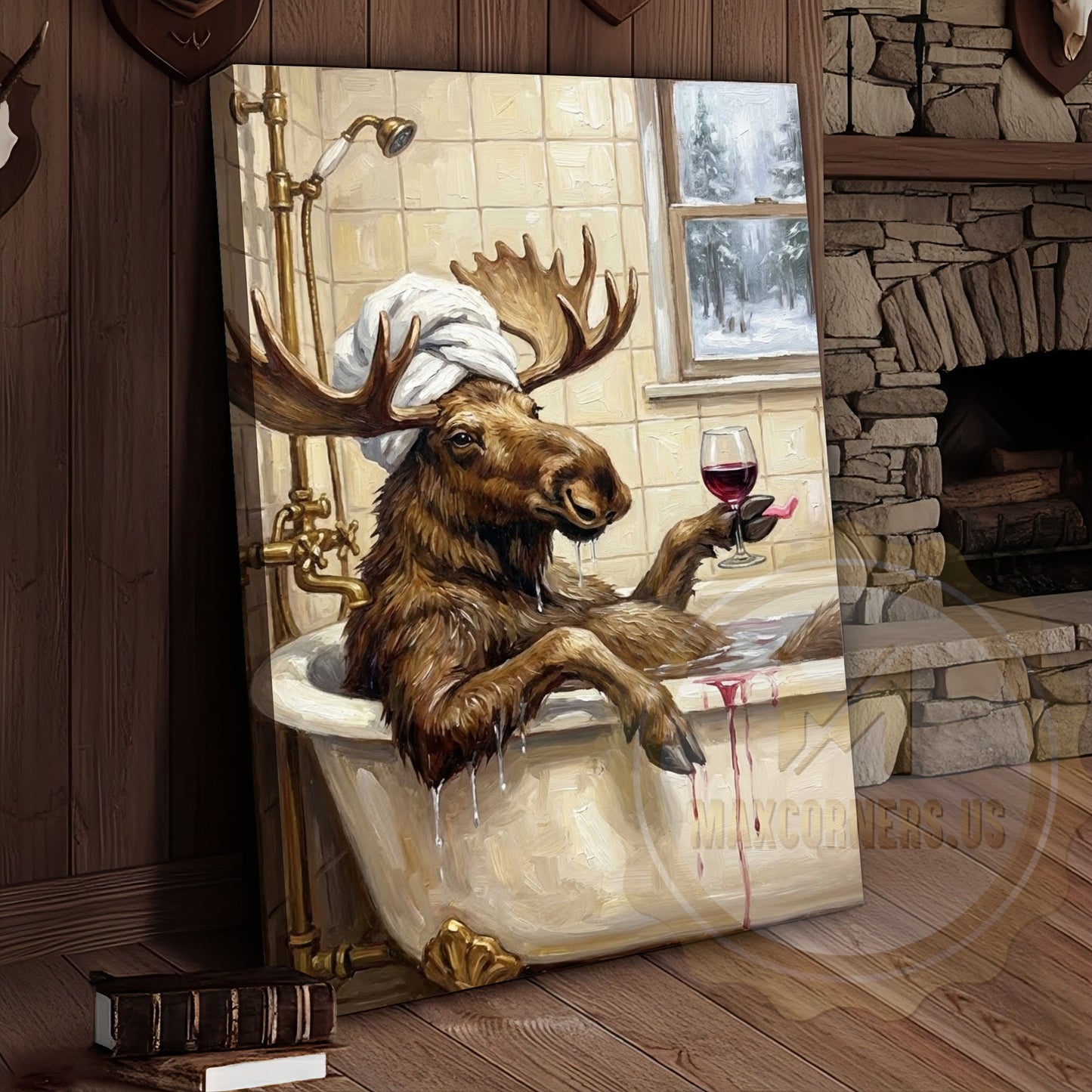 Whimsical Moose Bath Canvas Art - Rustic Spa Humor Print