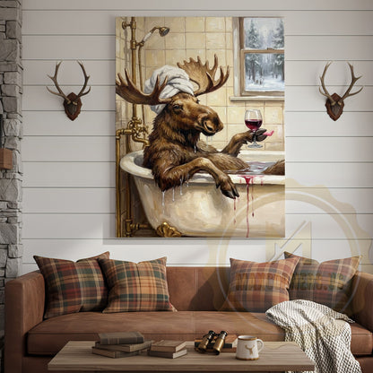 Whimsical Moose Bath Canvas Art - Rustic Spa Humor Print