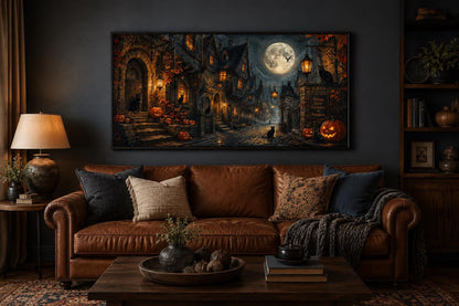 Halloween Village Canvas | Gothic Wall Art With Black Cat & Full Moon Scene