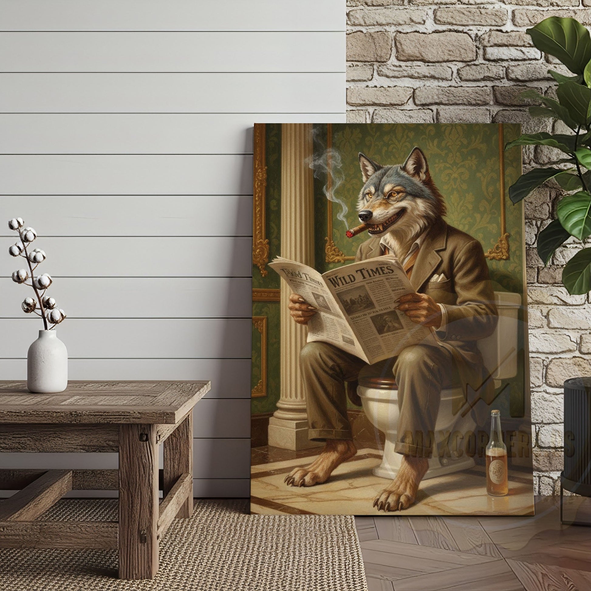Wolf Reading Newspaper on Toilet with Cigar and Beer “Wild Times” Wrapped Canvas Wall Art