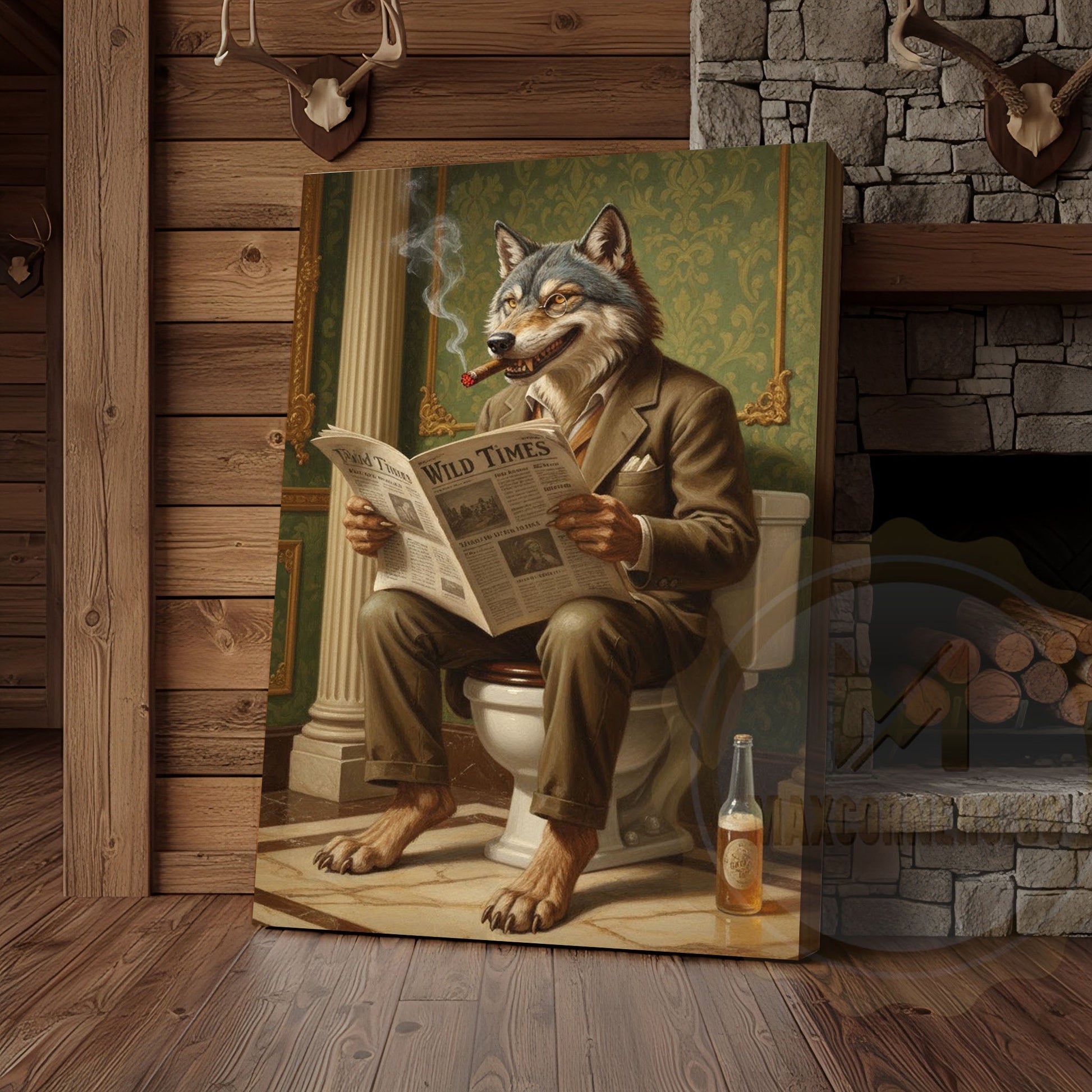 Wolf Reading Newspaper on Toilet with Cigar and Beer “Wild Times” Wrapped Canvas Wall Art