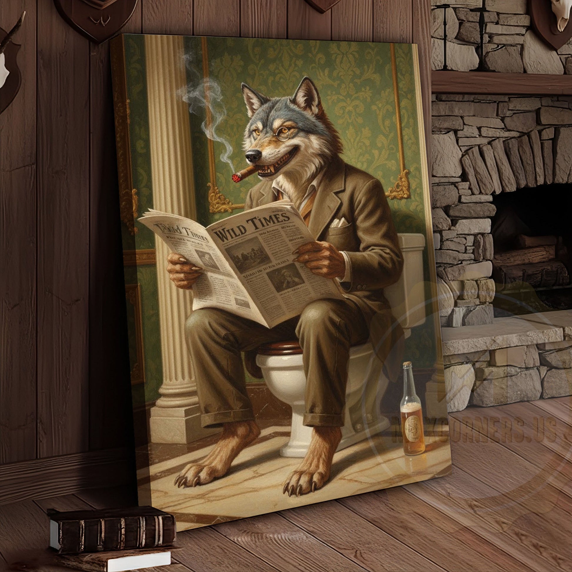 Wolf Reading Newspaper on Toilet with Cigar and Beer “Wild Times” Wrapped Canvas Wall Art