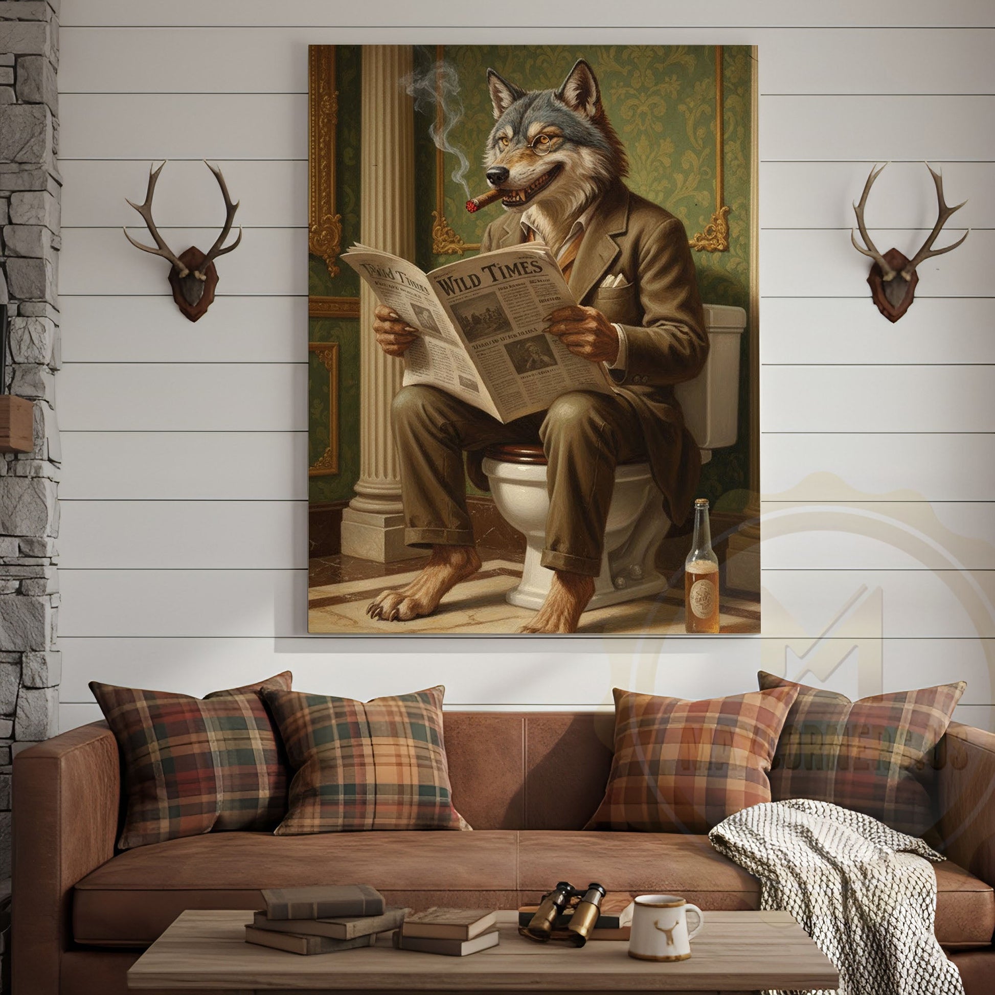 Wolf Reading Newspaper on Toilet with Cigar and Beer “Wild Times” Wrapped Canvas Wall Art