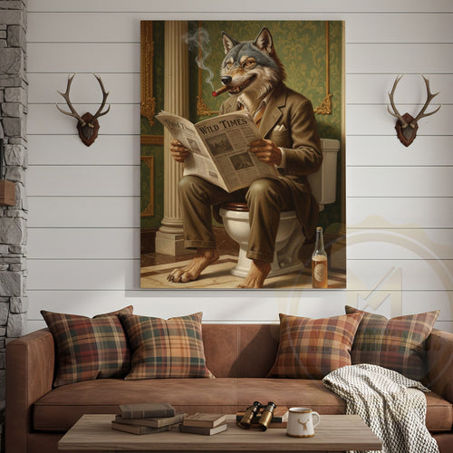 Wolf Reading Newspaper on Toilet with Cigar and Beer “Wild Times” Wrapped Canvas Wall Art