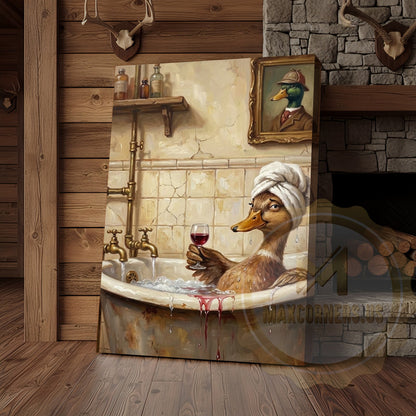 Funny Duck Bathtub Canvas Wall Art - Vintage Bathroom Humor Print