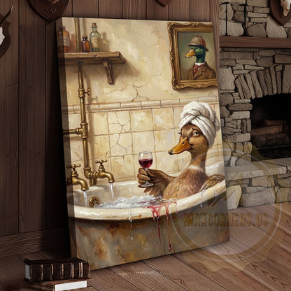 Funny Duck Bathtub Canvas Wall Art - Vintage Bathroom Humor Print