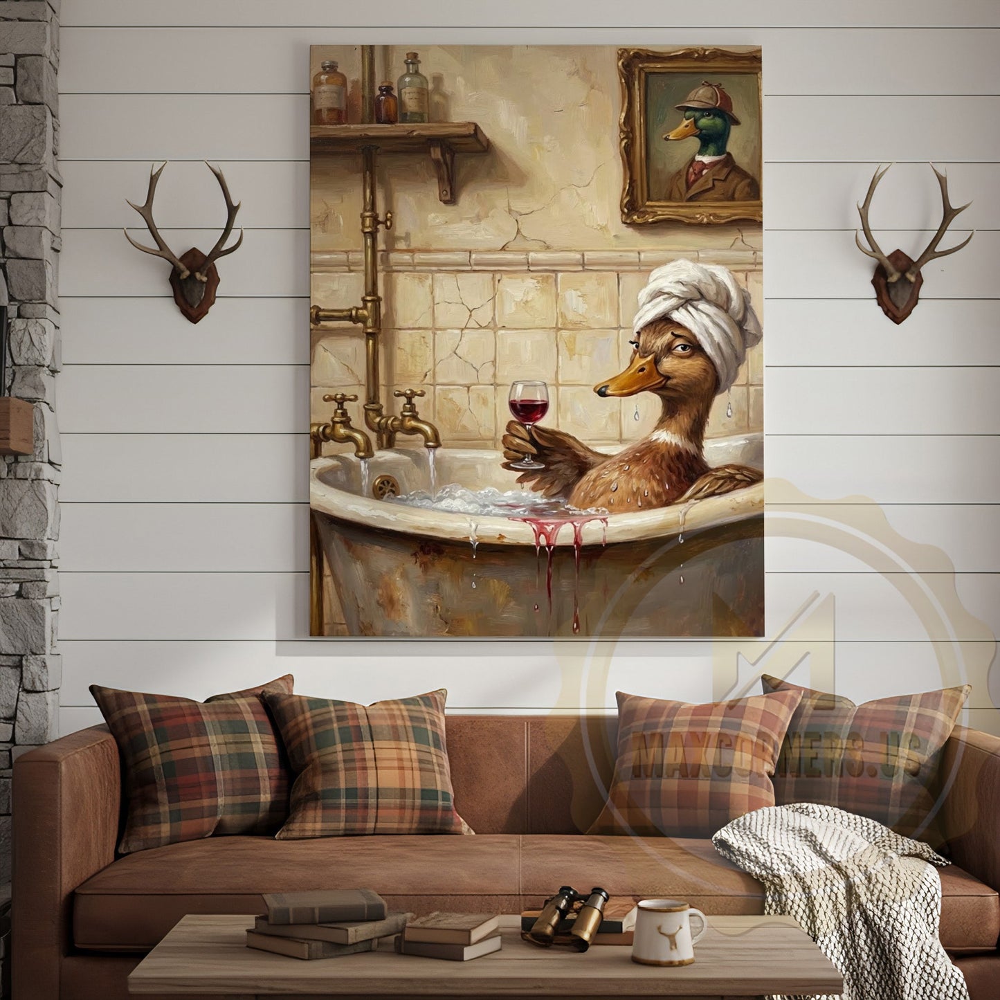 Funny Duck Bathtub Canvas Wall Art - Vintage Bathroom Humor Print