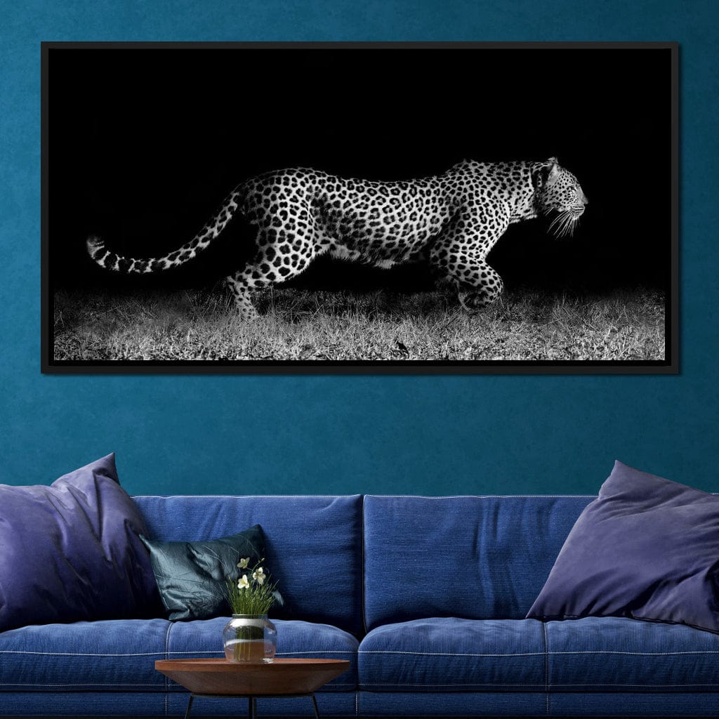Black and White Jaguar Running Canvas Wall Art