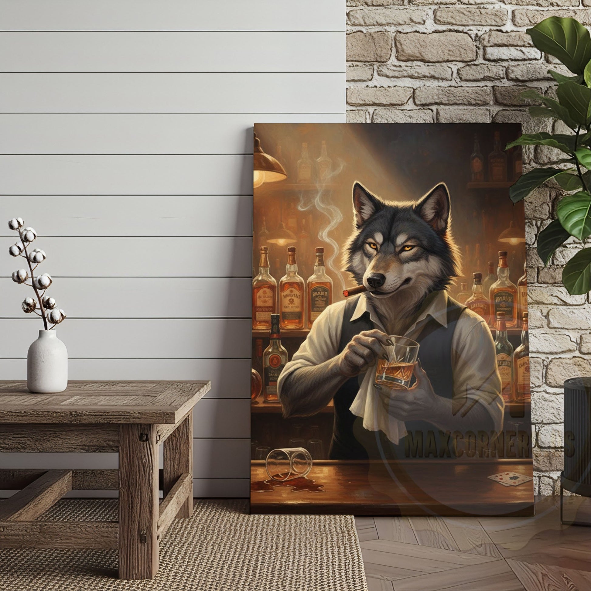 Wolf Bartender Mixing Whiskey Cocktails in Cozy Vintage Bar Wrapped Canvas Wall Art