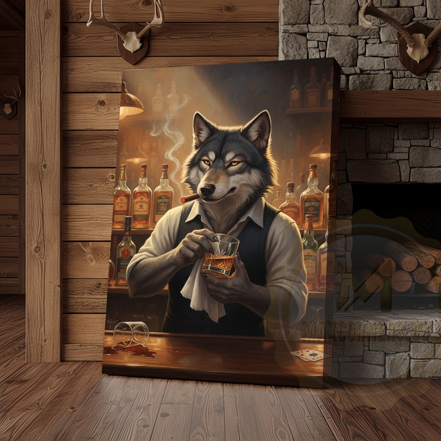 Wolf Bartender Mixing Whiskey Cocktails in Cozy Vintage Bar Wrapped Canvas Wall Art