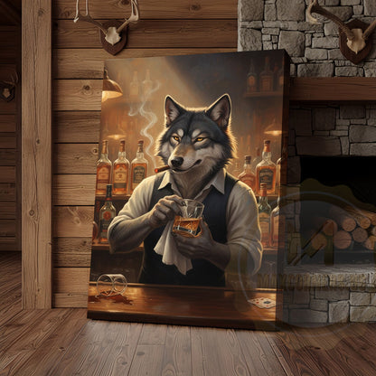 Wolf Bartender Mixing Whiskey Cocktails in Cozy Vintage Bar Wrapped Canvas Wall Art