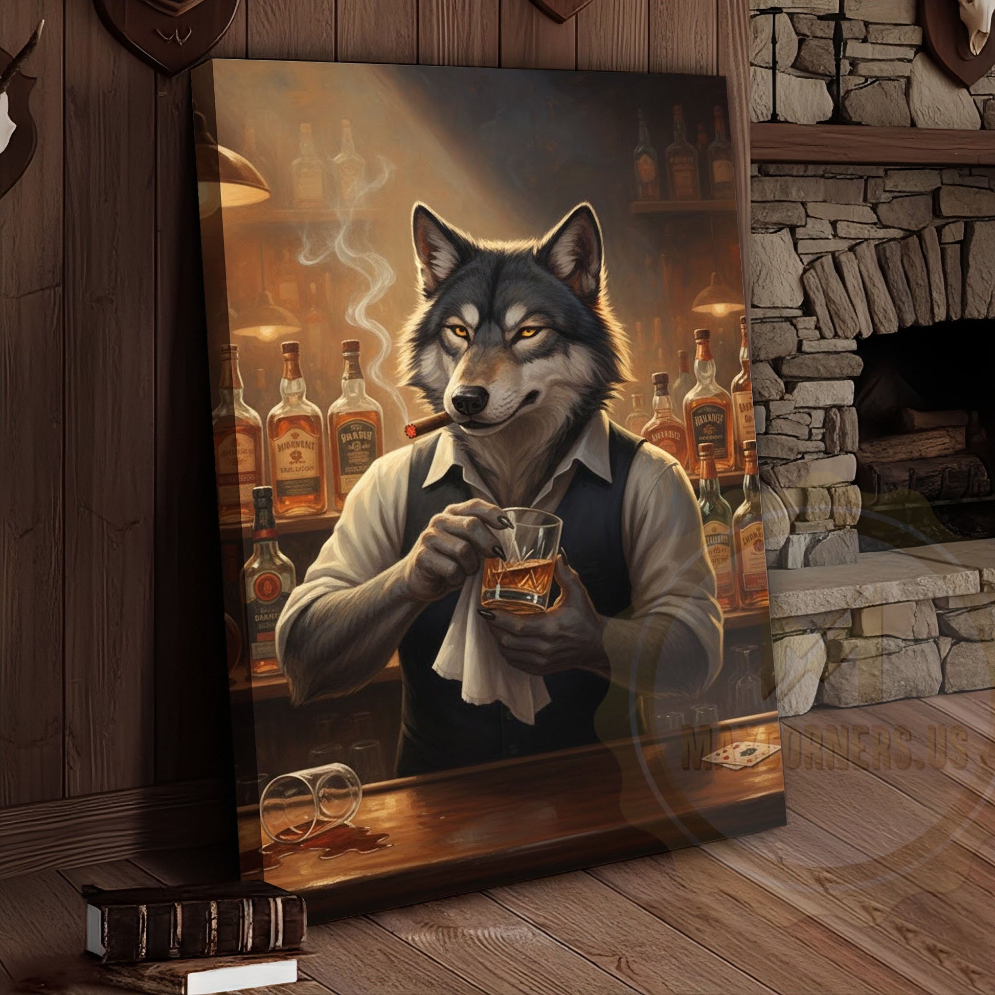 Wolf Bartender Mixing Whiskey Cocktails in Cozy Vintage Bar Wrapped Canvas Wall Art