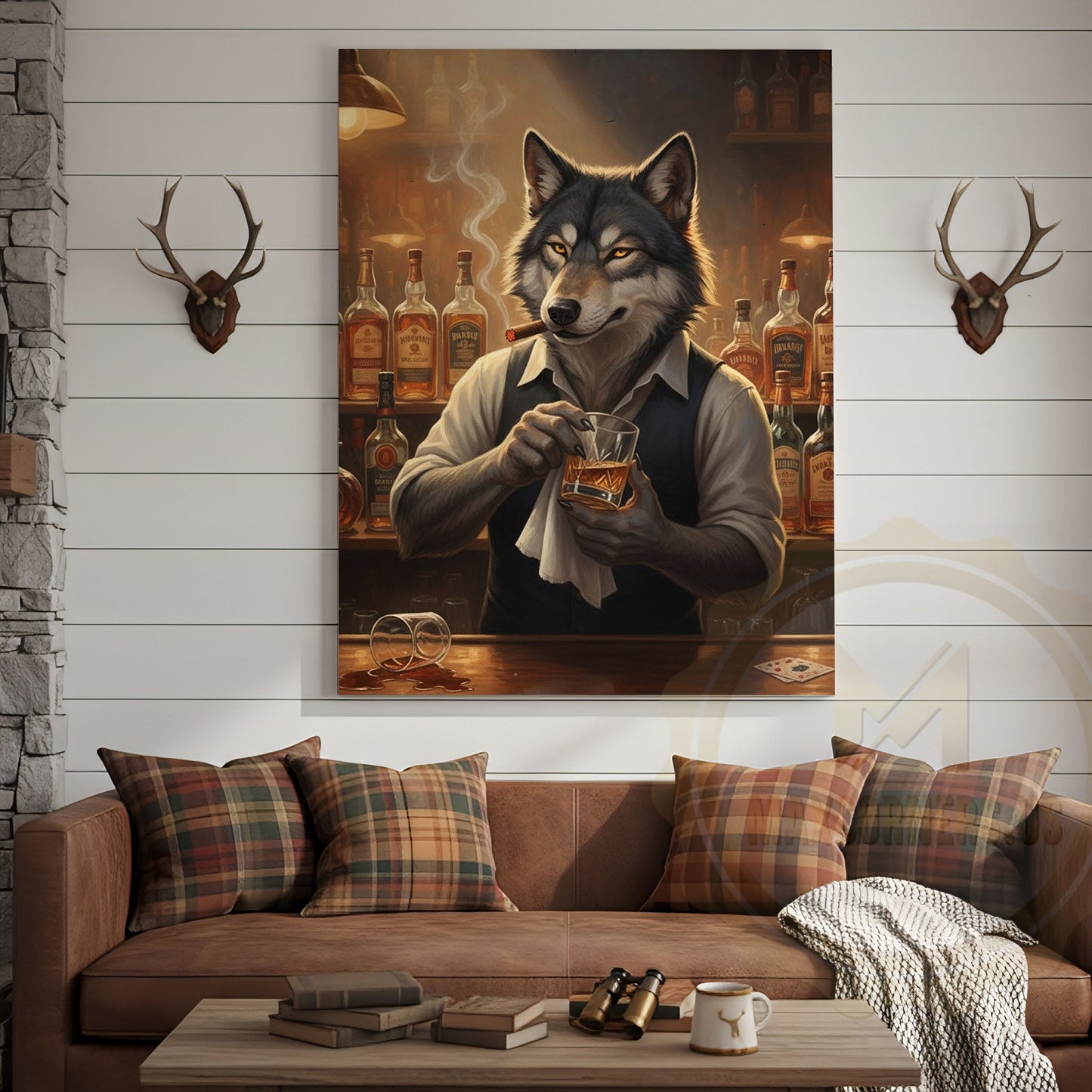 Wolf Bartender Mixing Whiskey Cocktails in Cozy Vintage Bar Wrapped Canvas Wall Art