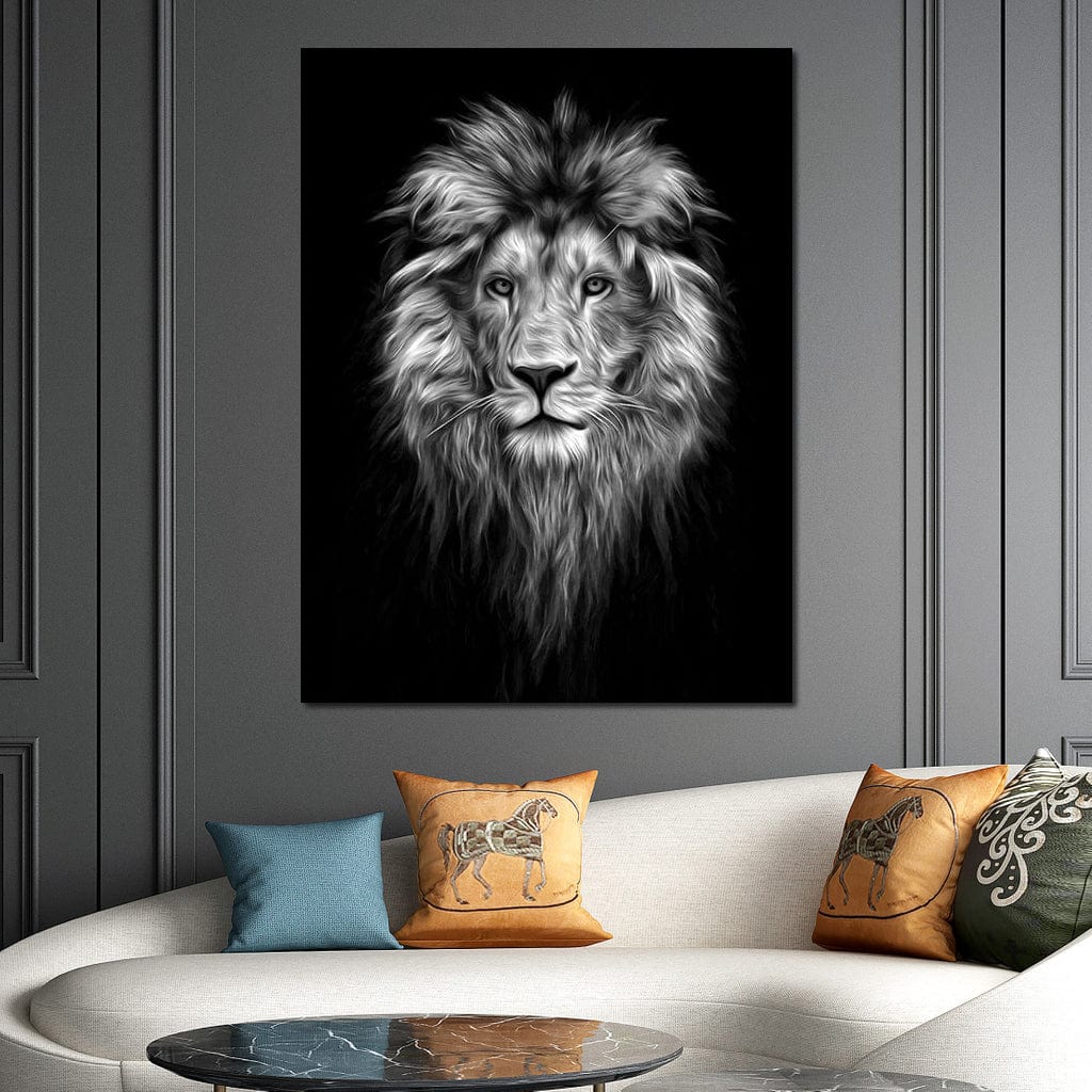 Black and White Lion Face Canvas Wall Art