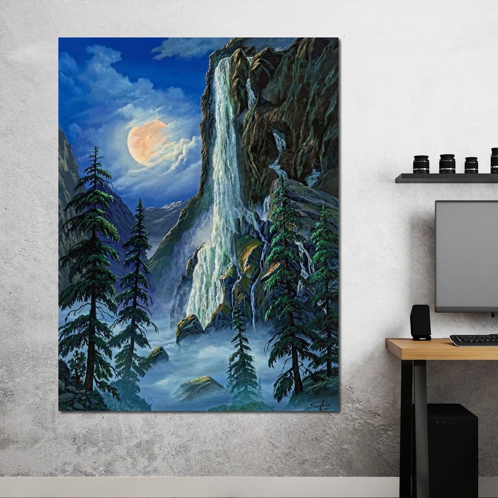 Moonlight Waterfall Canvas Wall Art