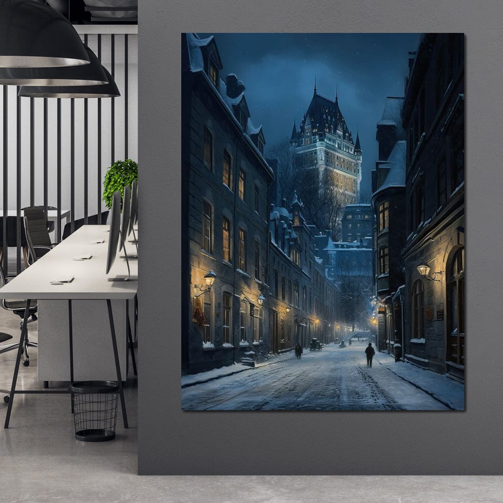 Quebec City Street On a Winter Night Canvas Wall Art