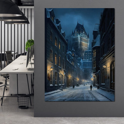Quebec City Street On a Winter Night Canvas Wall Art