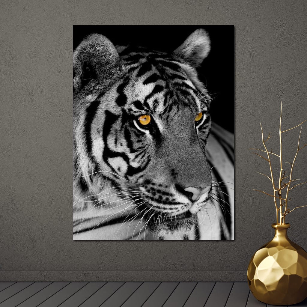 Black and White Tiger with Yellow Eyes Canvas Wall Art