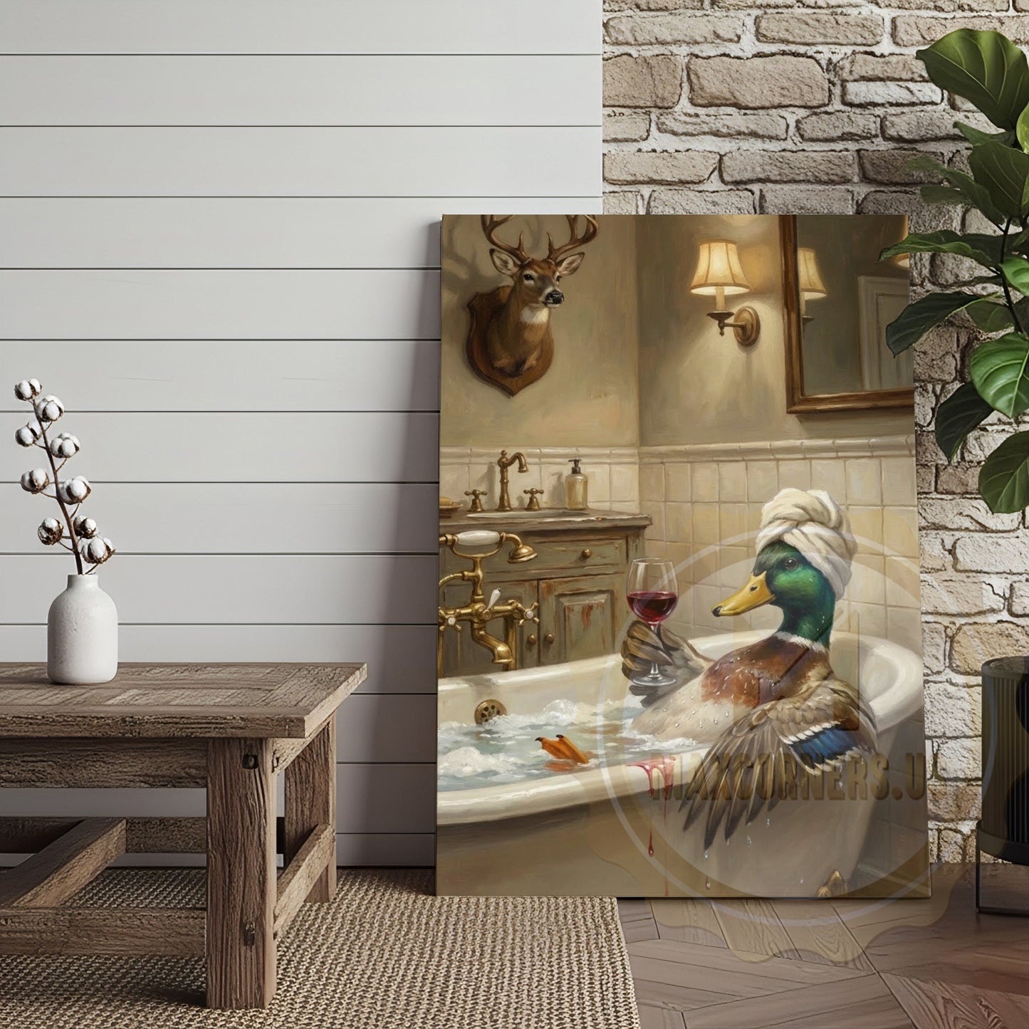 Whimsical Duck Spa Canvas Art - Vintage Tile Bathroom Print