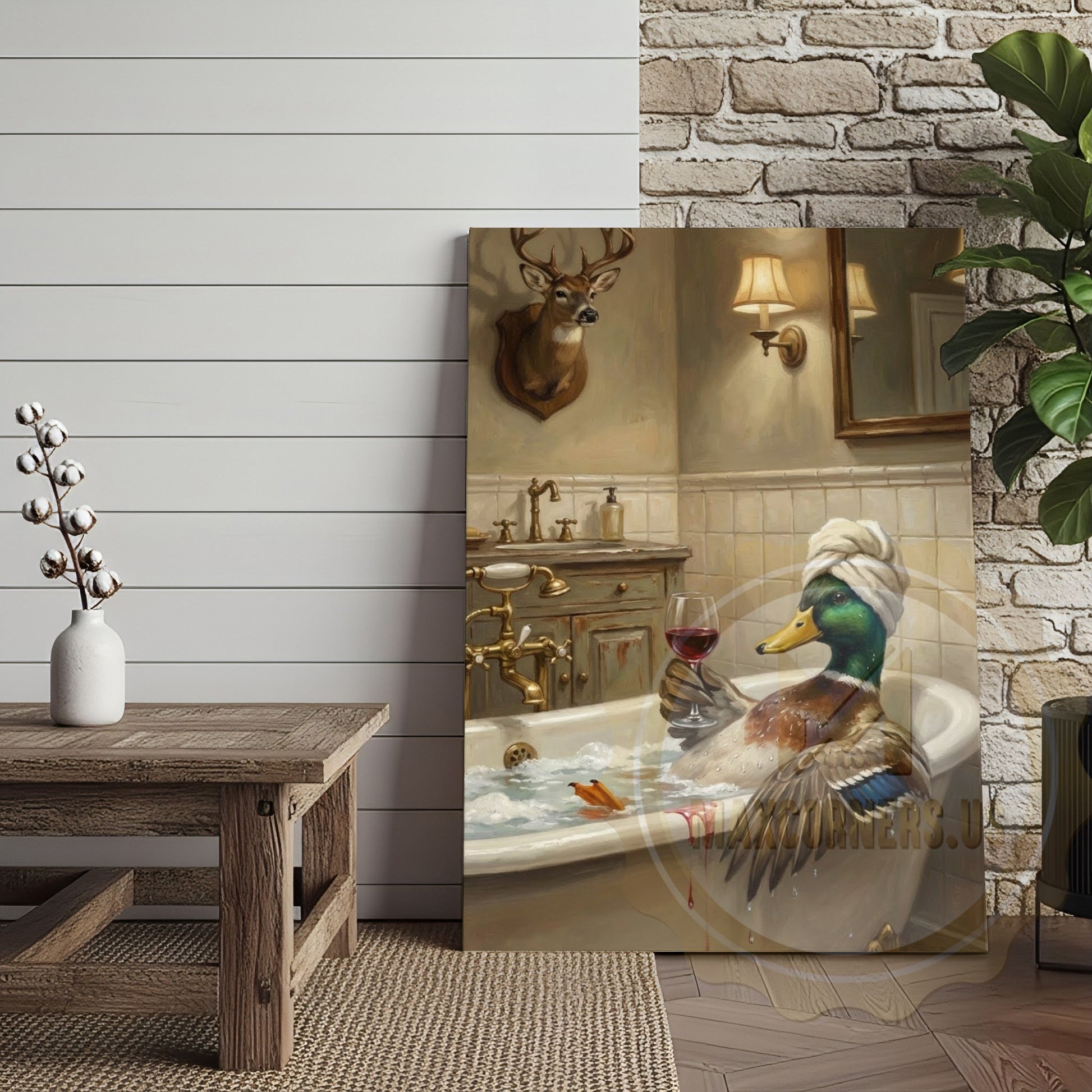 Whimsical Duck Spa Canvas Art - Vintage Tile Bathroom Print