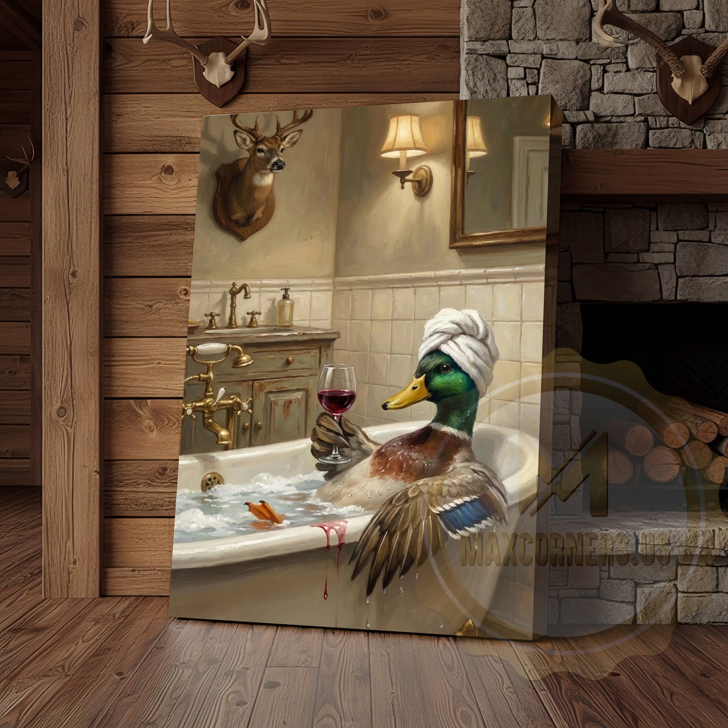 Whimsical Duck Spa Canvas Art - Vintage Tile Bathroom Print