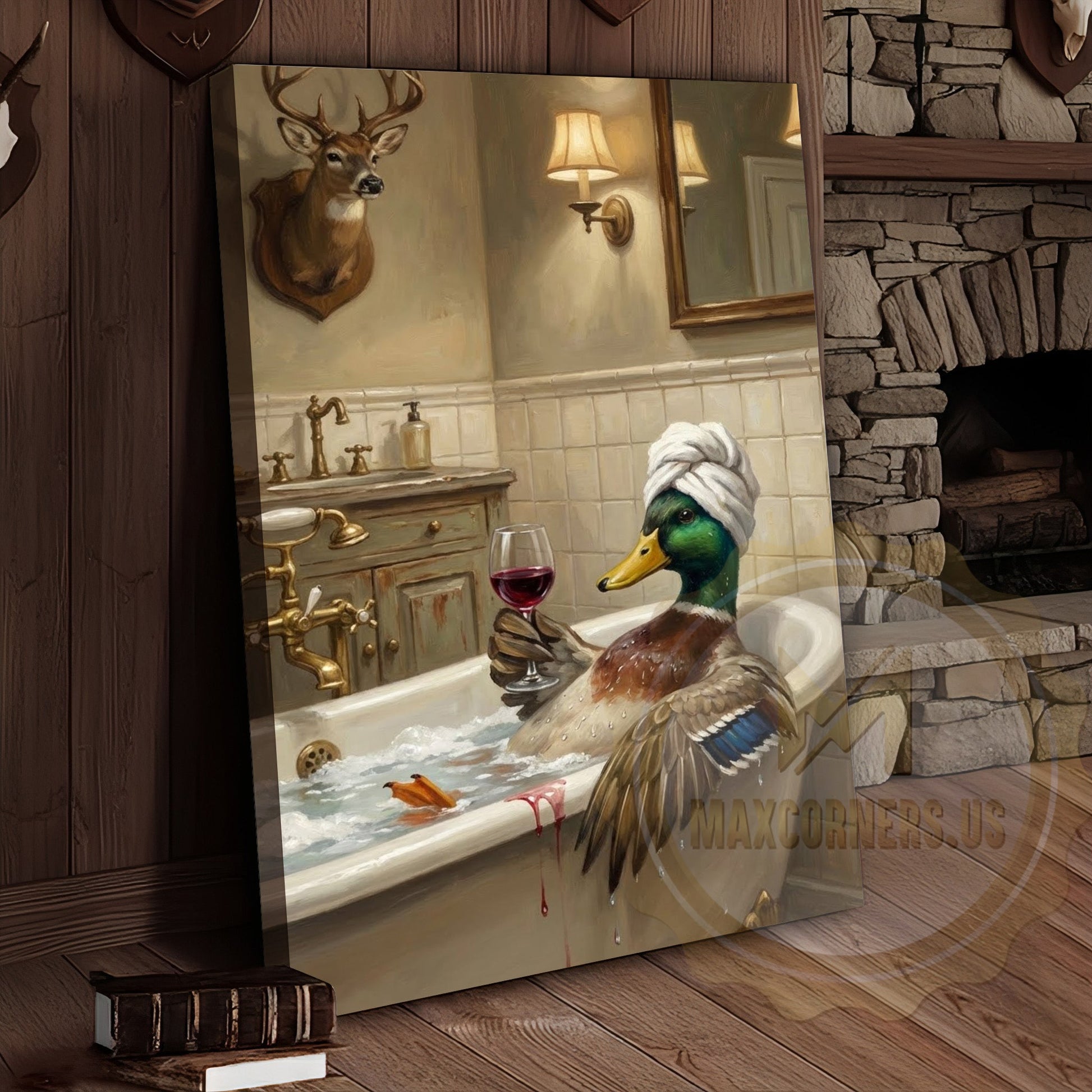 Whimsical Duck Spa Canvas Art - Vintage Tile Bathroom Print