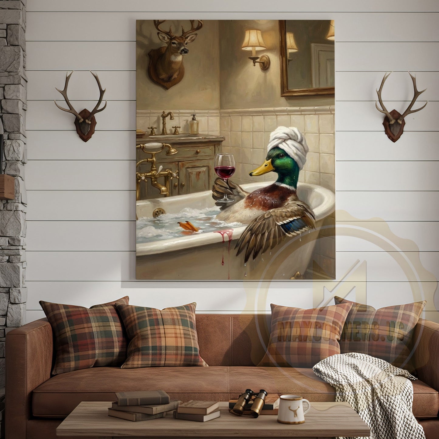 Whimsical Duck Spa Canvas Art - Vintage Tile Bathroom Print