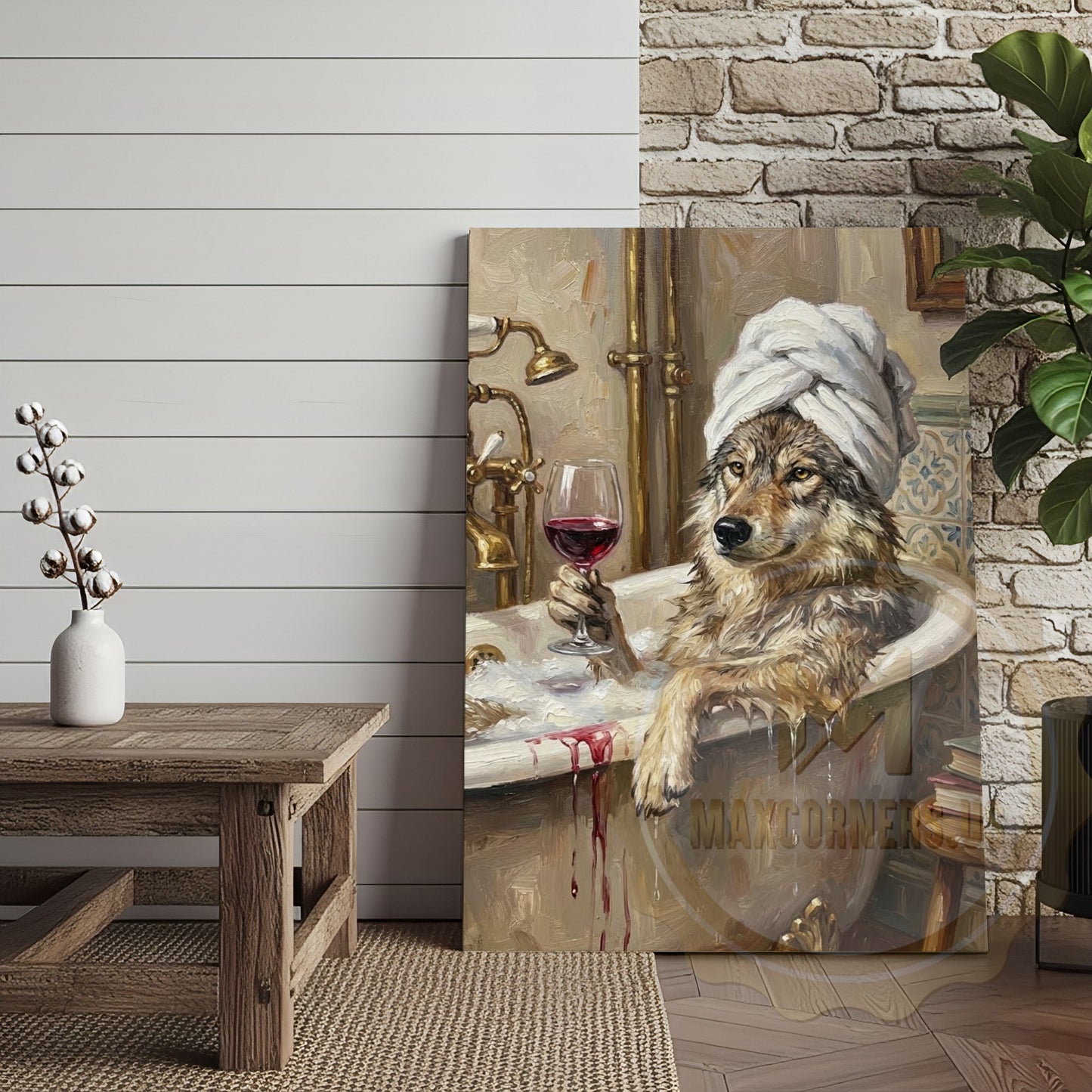 Wolf Bathtub Canvas Wall Art - Spa Wildlife Humor Decor