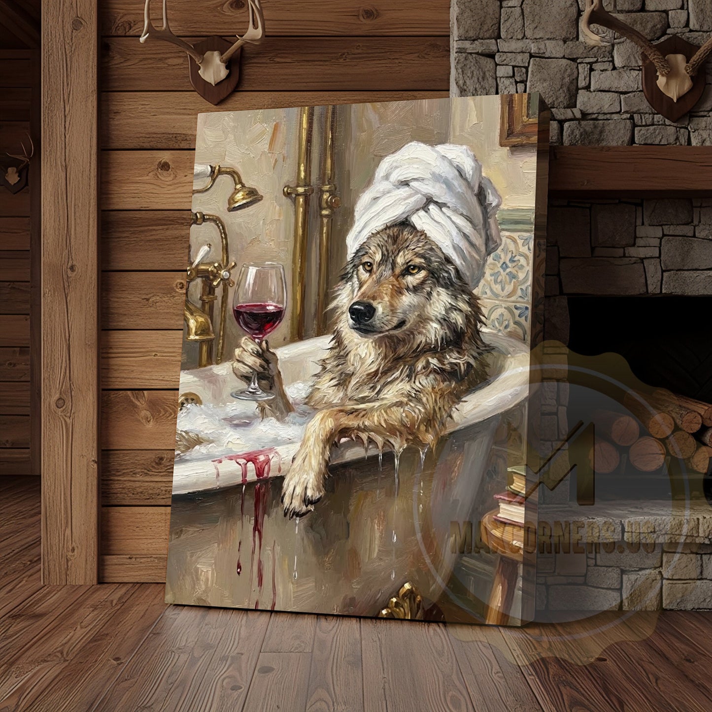 Wolf Bathtub Canvas Wall Art - Spa Wildlife Humor Decor