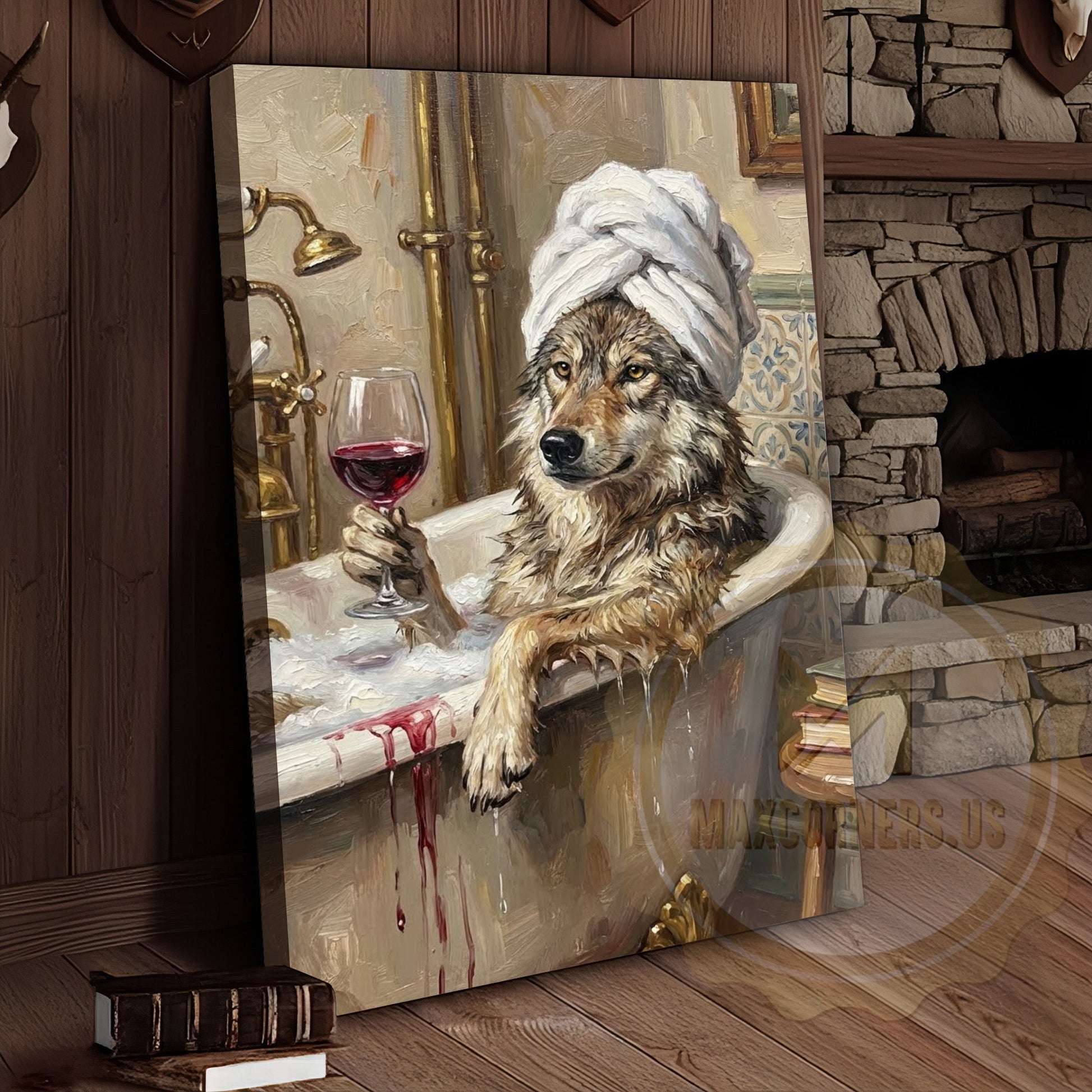 Wolf Bathtub Canvas Wall Art - Spa Wildlife Humor Decor