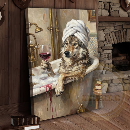 Wolf Bathtub Canvas Wall Art - Spa Wildlife Humor Decor