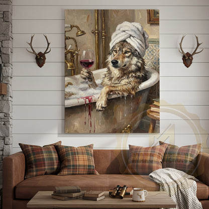 Wolf Bathtub Canvas Wall Art - Spa Wildlife Humor Decor