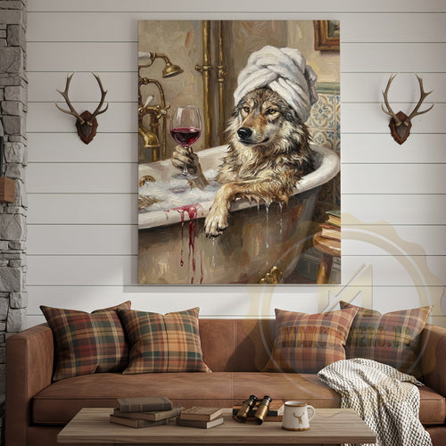 Wolf Bathtub Canvas Wall Art - Spa Wildlife Humor Decor
