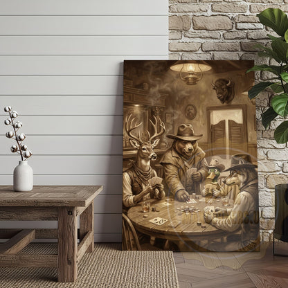 Wild West Poker Canvas Wall Art - Animals Playing Cards Saloon Print