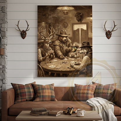 Wild West Poker Canvas Wall Art - Animals Playing Cards Saloon Print
