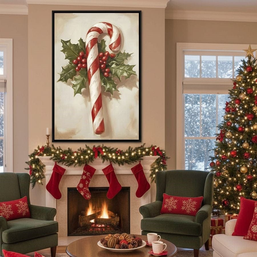Christmas Candy Cane Holly Joy Canvas Wall Art