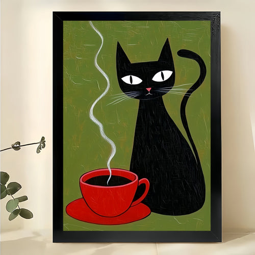 he Black Cat Red Coffee Cup – Minimalist Cozy Wall Art on Natural Wood Canvas