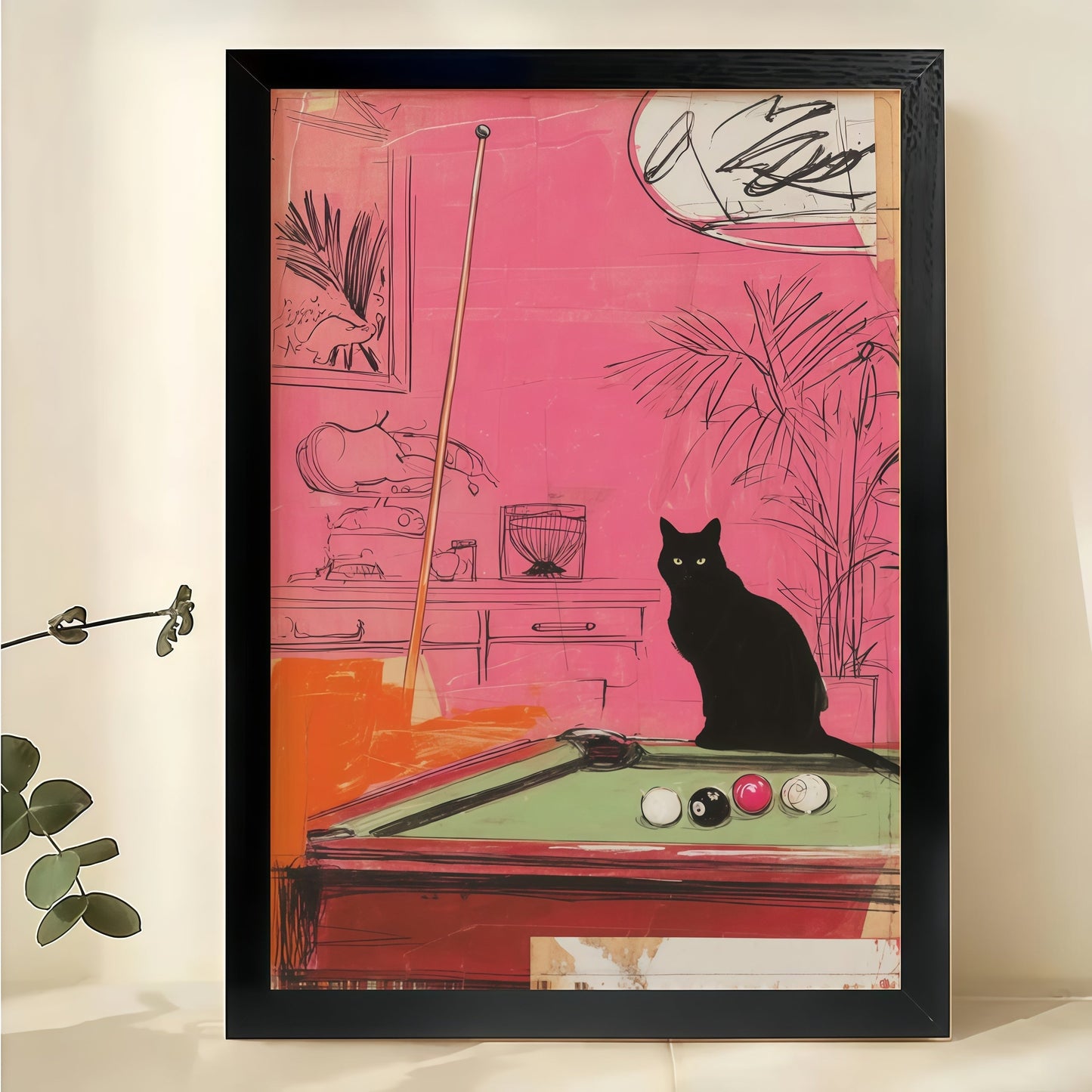Black Cat at Pool Table – Retro Pop Art Wall Art on Natural Wood Canvas