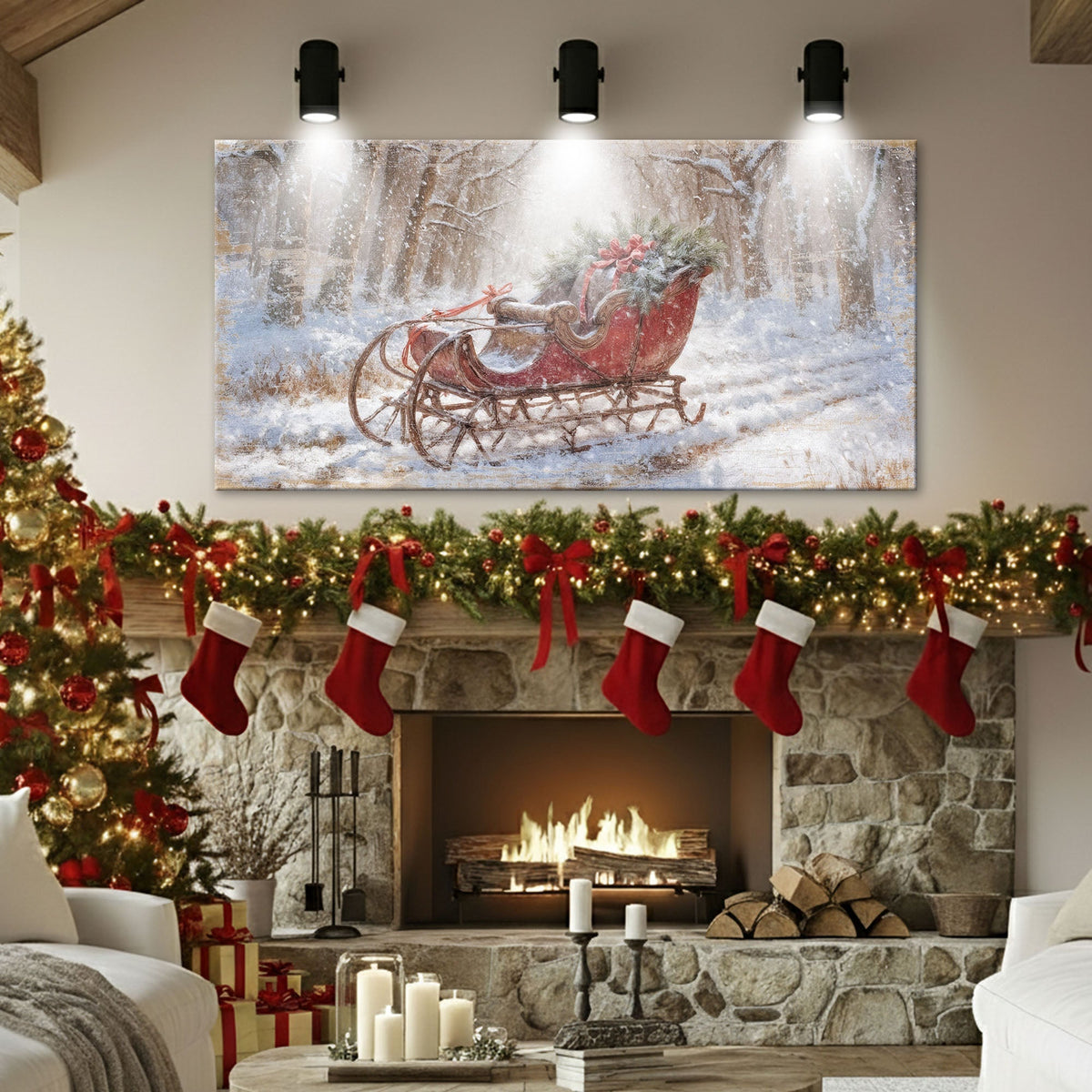 Vintage Red Sleigh Christmas Wall Art