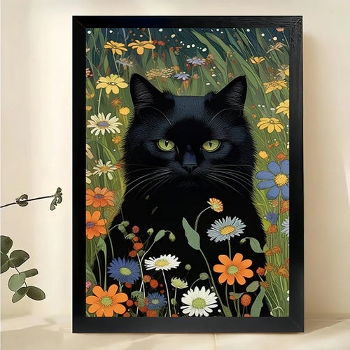 Majestic Black Cat in Wildflower Meadow – Whimsical Fantasy Wall Art on Natural Wood Canvas