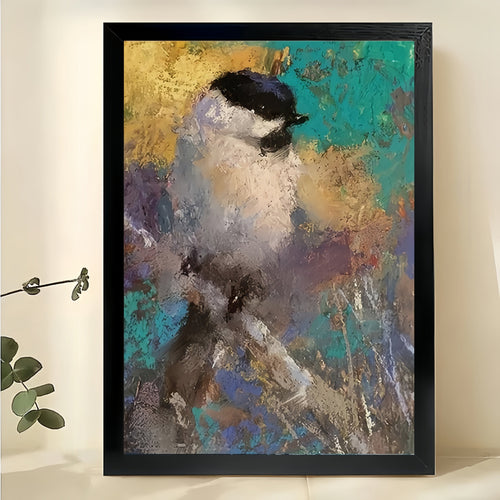 Chickadee Bird Impressionist Wall Art – Textured Teal and Gold Canvas Print on Natural Wood Frame