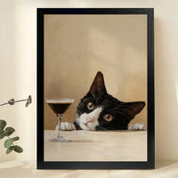 Tuxedo Cat with Martini – Peeking Cat Bar Wall Art on Natural Wood Canvas