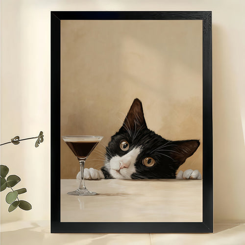 Tuxedo Cat with Martini – Peeking Cat Bar Wall Art on Natural Wood Canvas