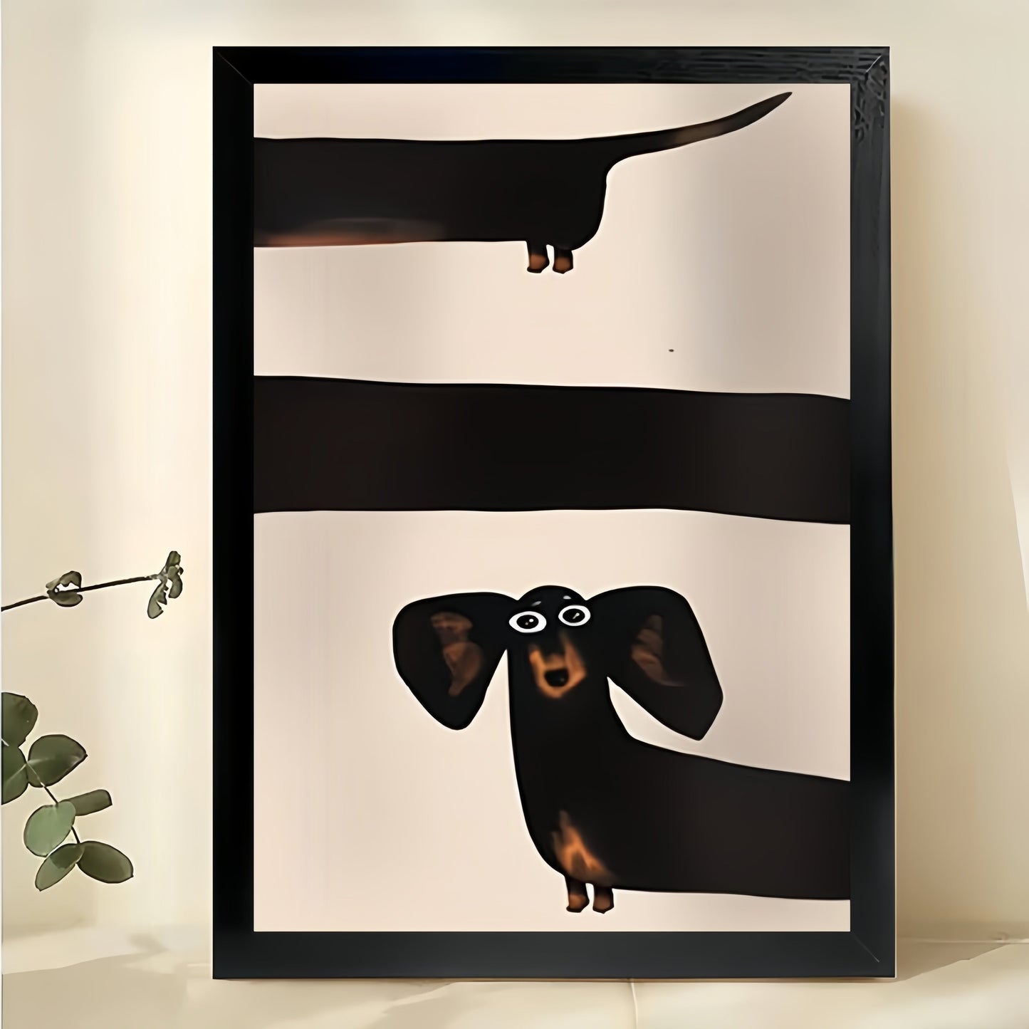 Minimalist Dachshund Striped Illustration – Sleek Pet Wall Art on Natural Wood Canvas