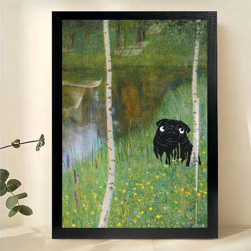 Black dog in Birch Forest Landscape – Artistic Nature Pet Wall Art on Natural Wood Canvas