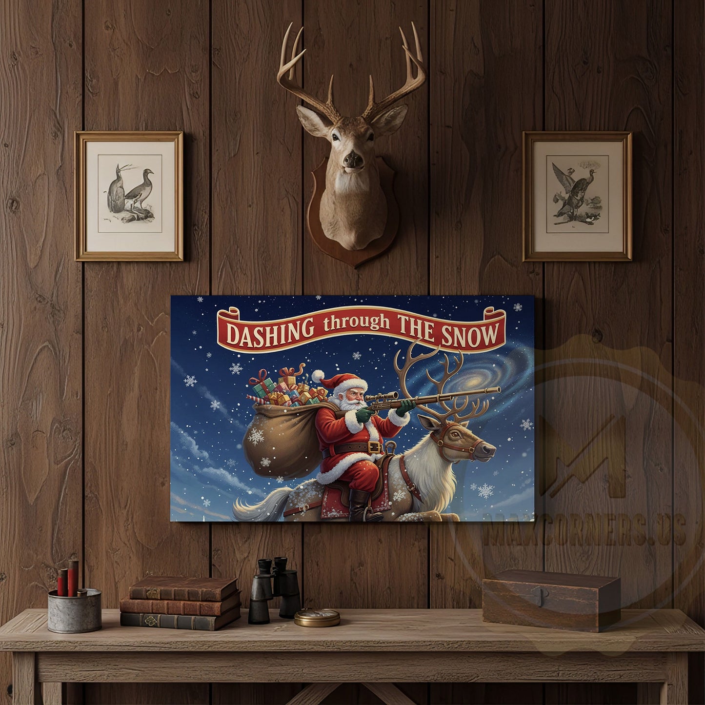 Santa Riding Reindeer Dashing Through the Snow Wrapped Canvas