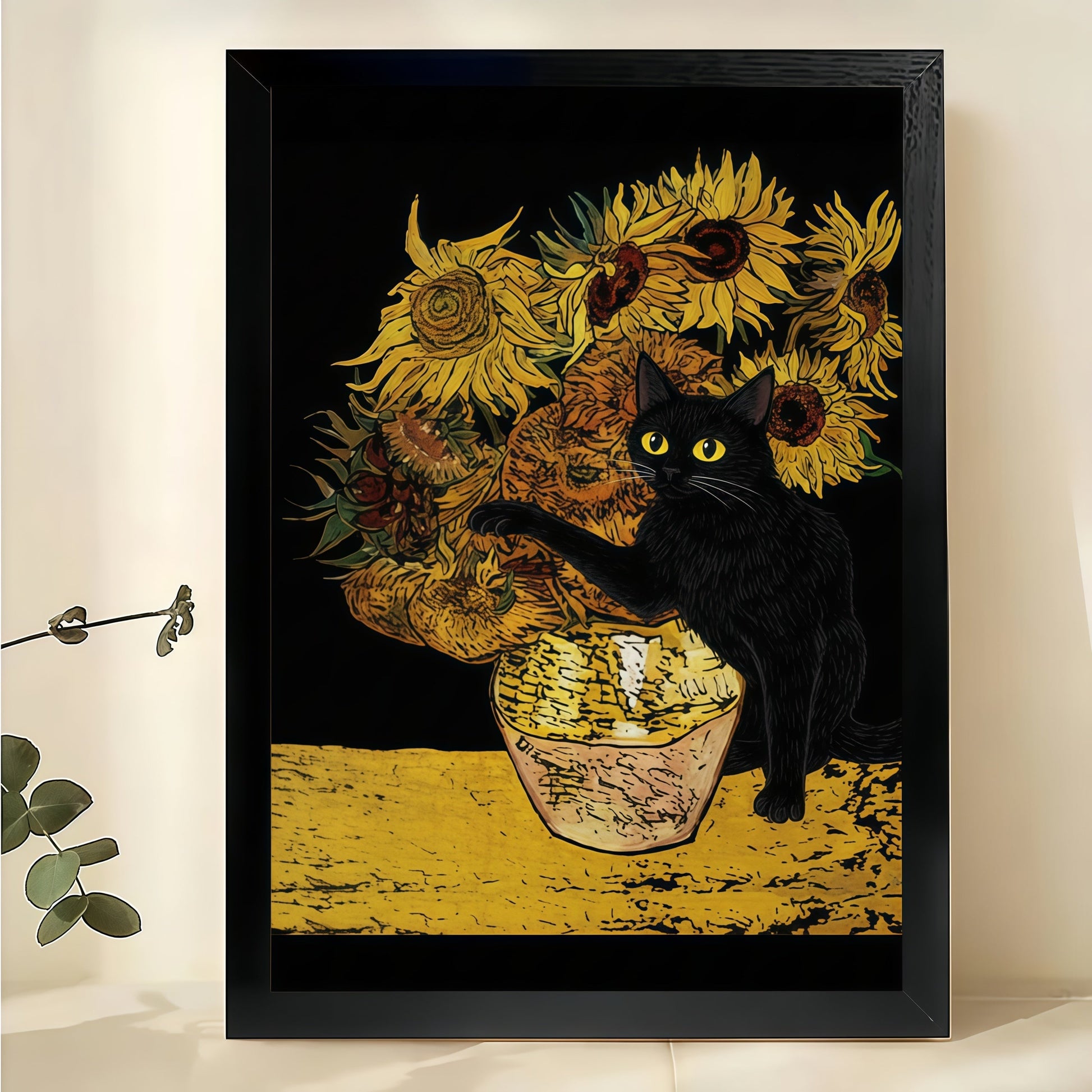 Black Cat with Sunflowers – Van Gogh Inspired Cat Wall Art on Natural Wood Canvas