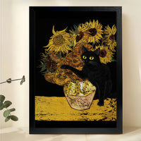 Black Cat with Sunflowers – Van Gogh Inspired Cat Wall Art on Natural Wood Canvas